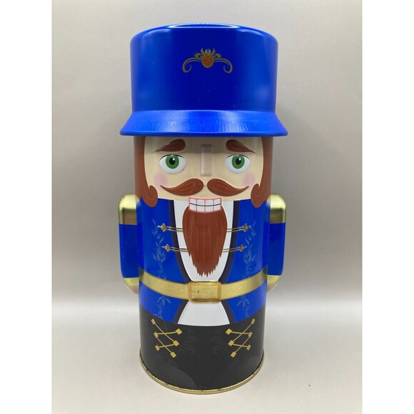 Nutcracker Soldier Tin Canister Blue Gold Holiday Storage Container - Picture 1 of 6